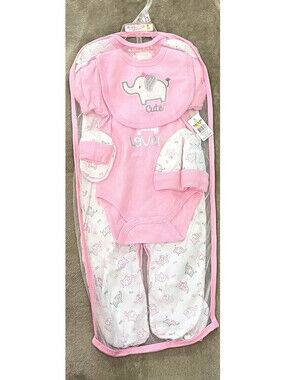 Duck Duck Goose Girls Pink/White Elephant 4pc Set 6-9M All in One Baby Girl Gift